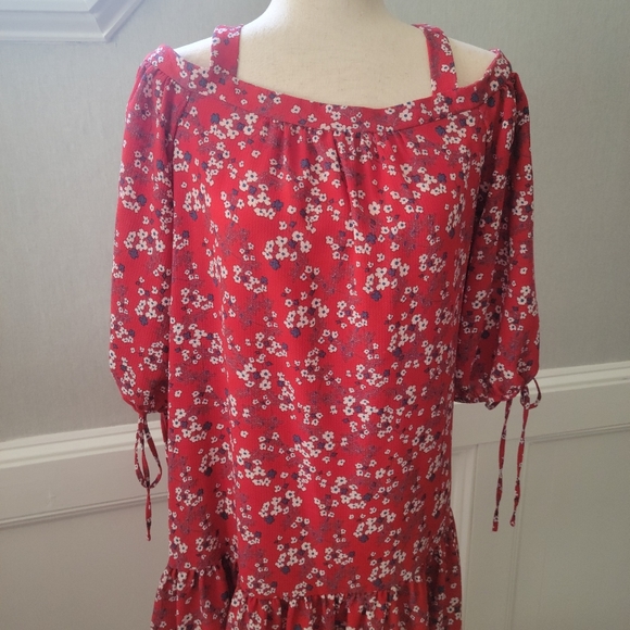 Red & Blue Shoulder Dress with Ruffle Hemline - Picture 2 of 7